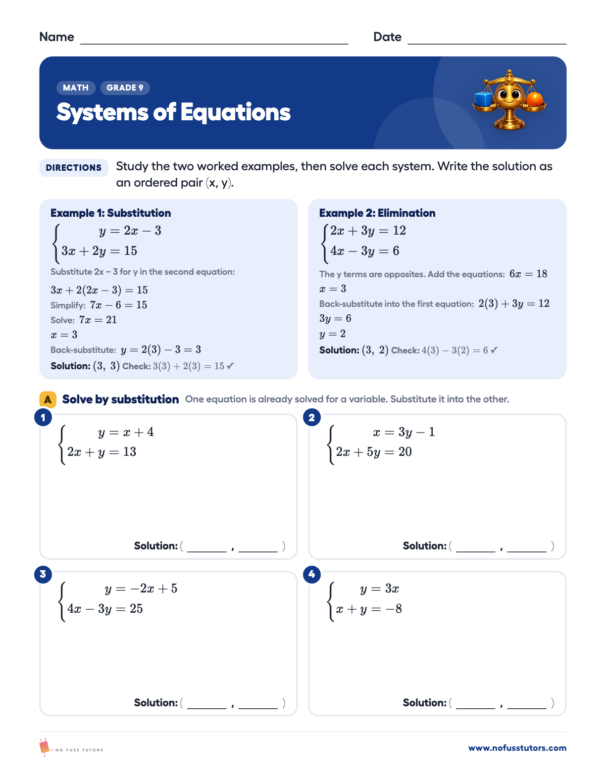 Systems of Equations: Substitution and Elimination Math worksheet preview