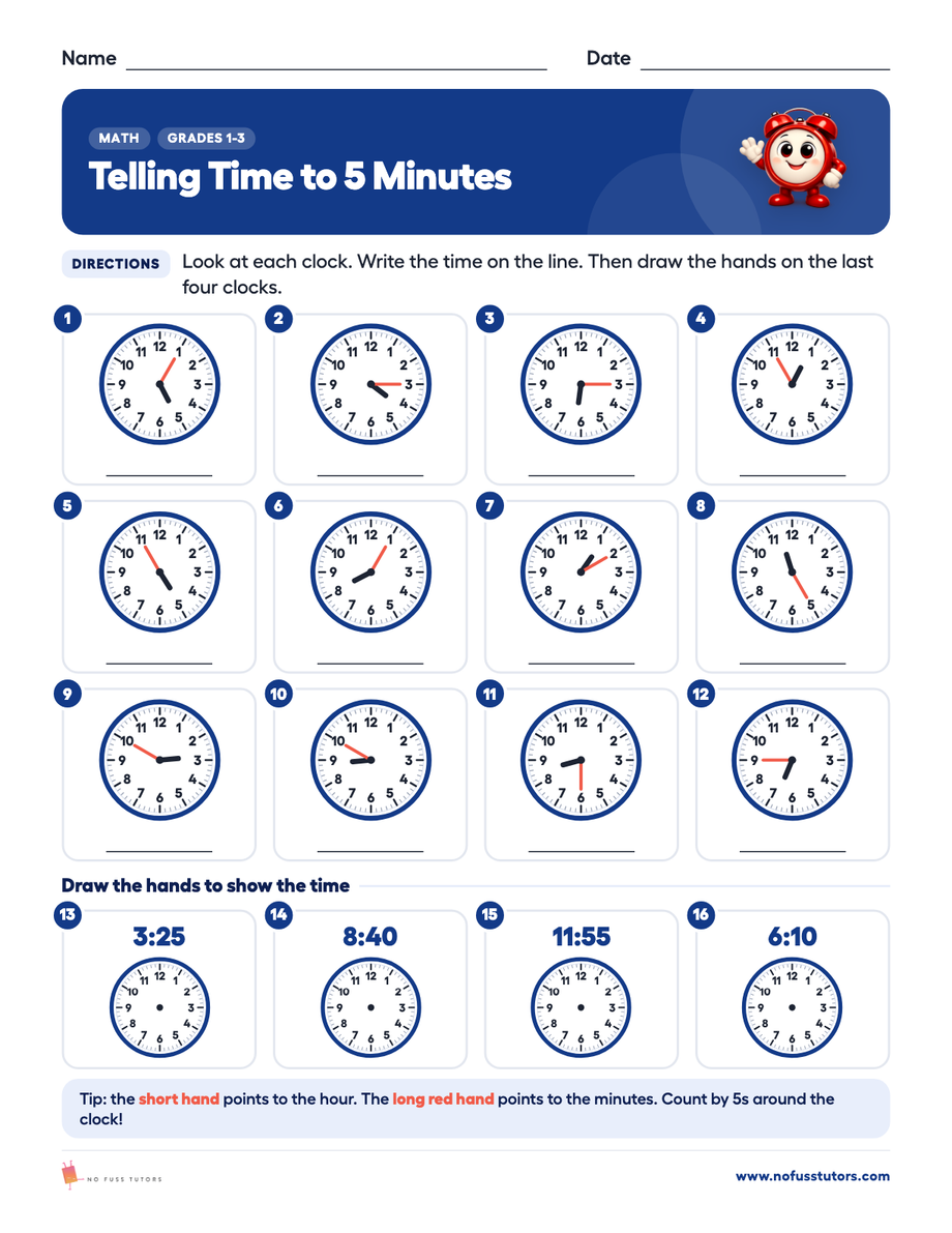 Telling Time to 5 Minutes Math worksheet preview