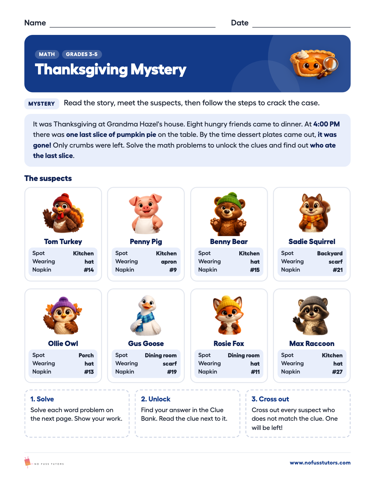 Thanksgiving Math Mystery: Who Ate the Last Slice? Math worksheet preview