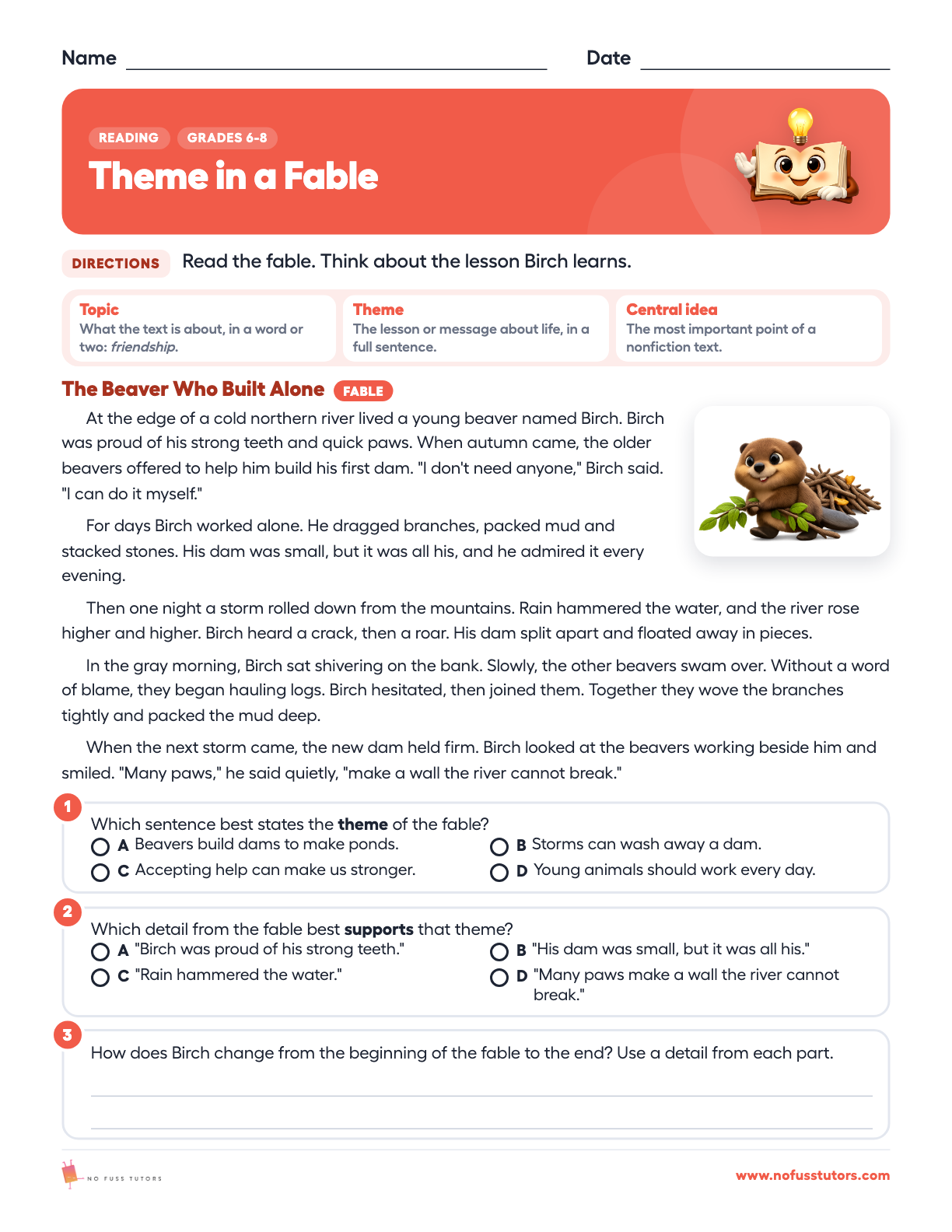 Theme and Central Idea Reading worksheet preview