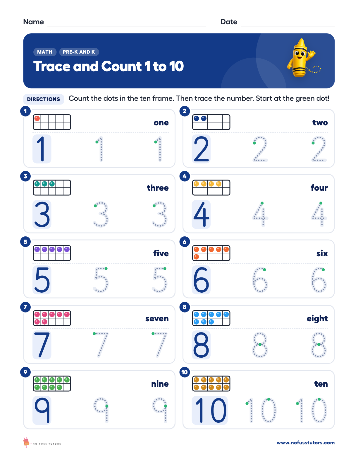 Trace and Count Numbers 1 to 20 Math worksheet preview