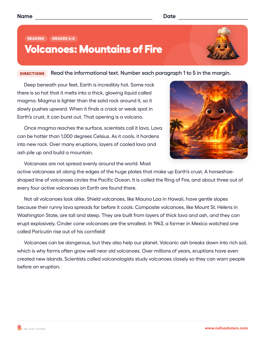 Volcanoes: Mountains of Fire Reading worksheet preview